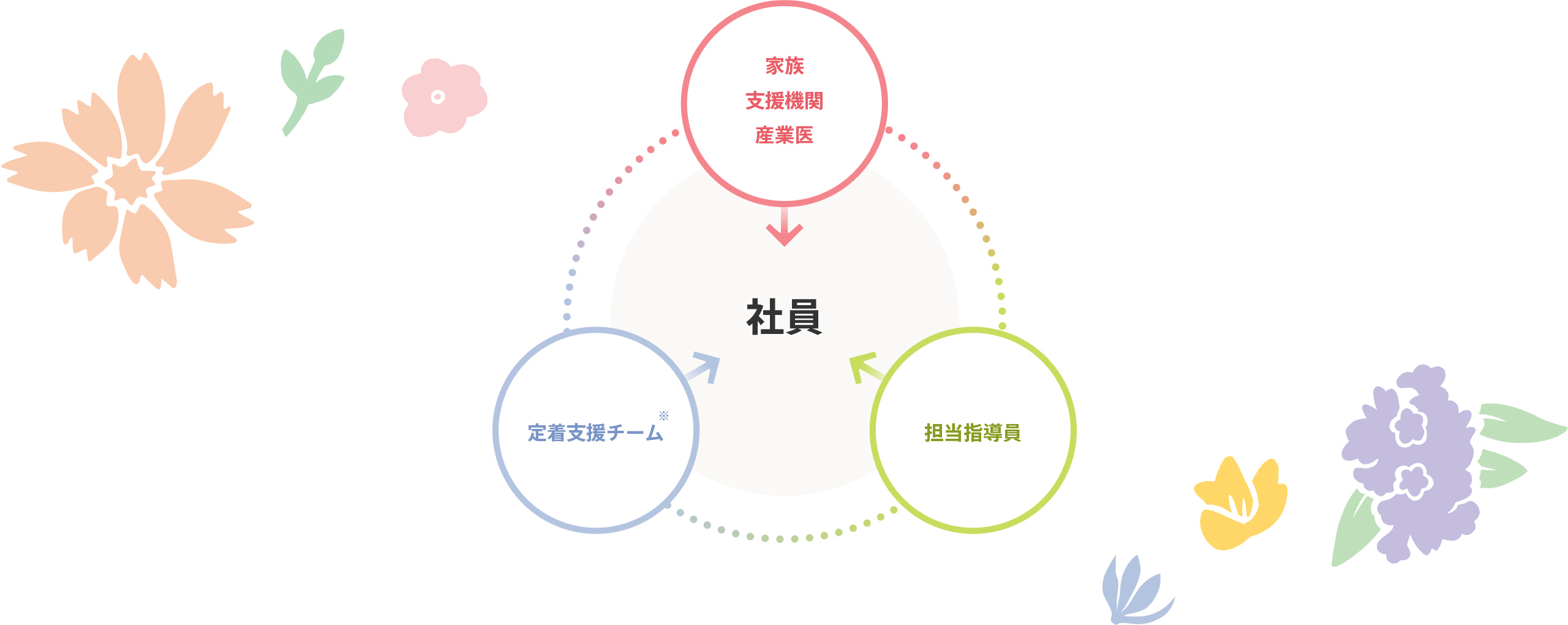 3つの円が社員を囲む支援体制図。上部のピンクの円に「家族・支援機関・産業医」、左下の水色の円に「定着支援チーム」、右下の黄緑の円に「担当指導員」と記載され、それぞれの矢印が中央の「社員」に向かっている。