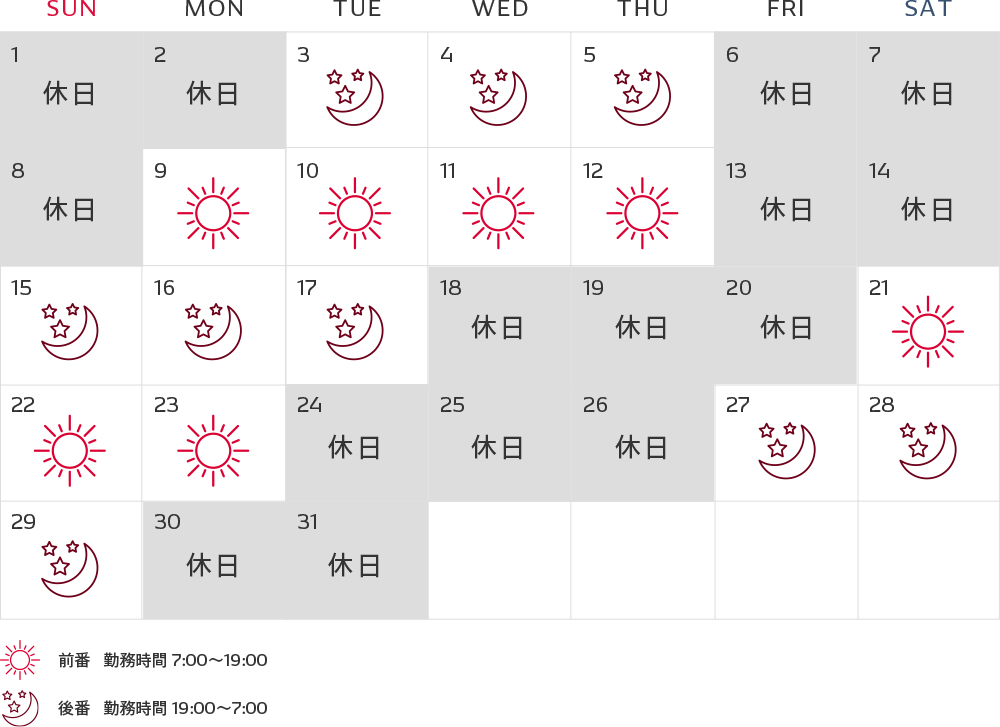 4組2交替勤務シフト例（１ヶ月間の勤務例）