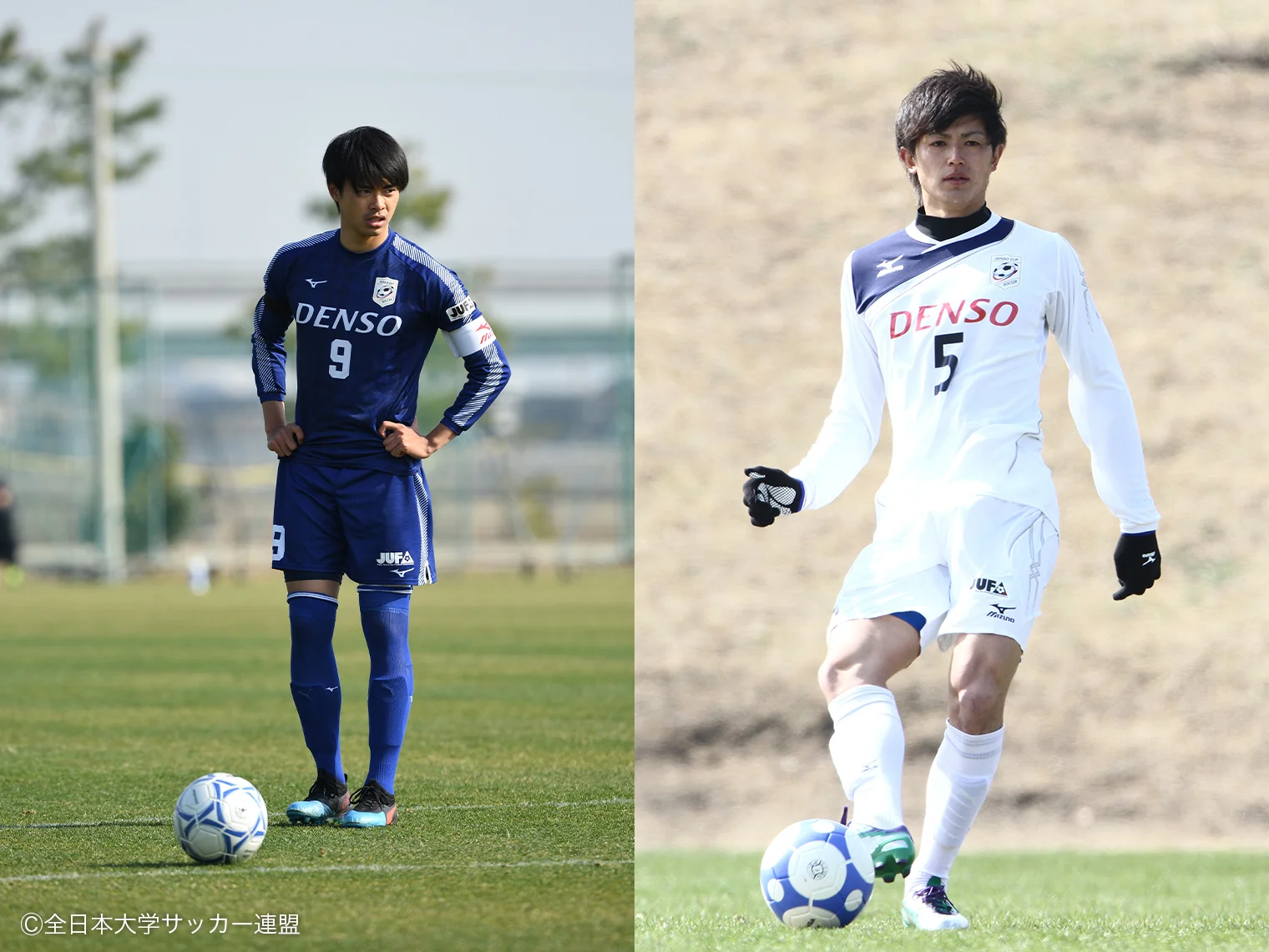 DENSOロゴのユニフォームを着ている三苫選手と谷口選手