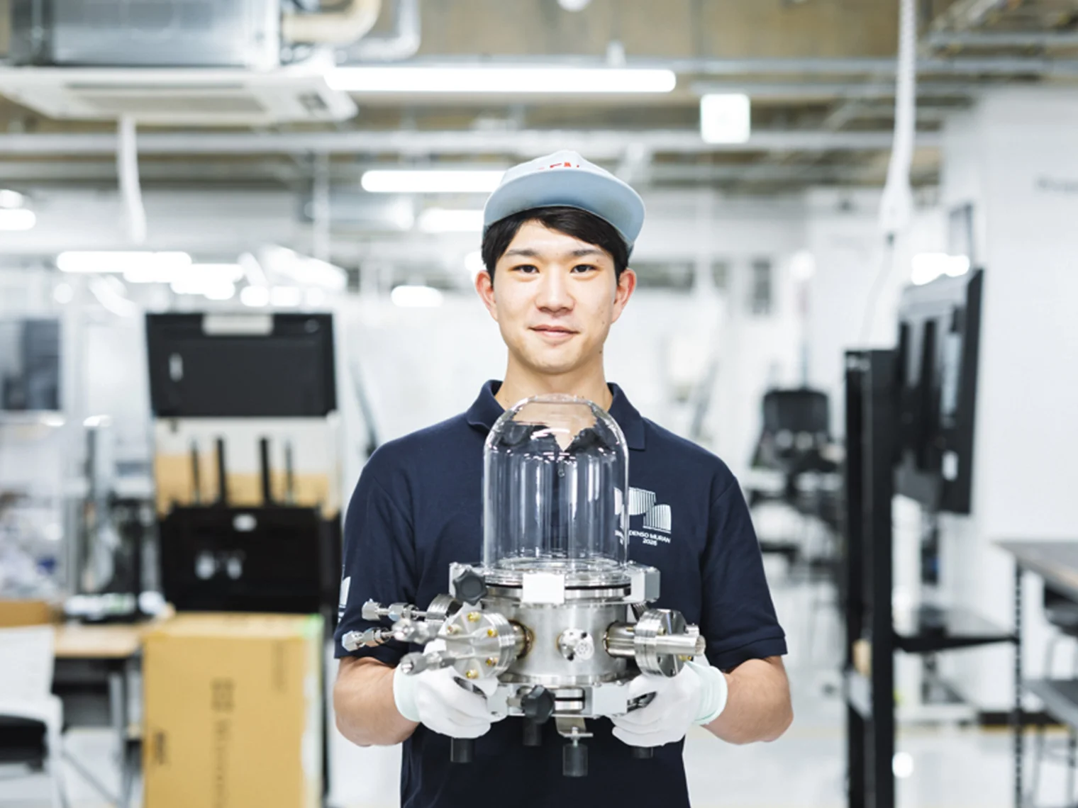 自身が製作した測定装置を手にする竹崎 涼
