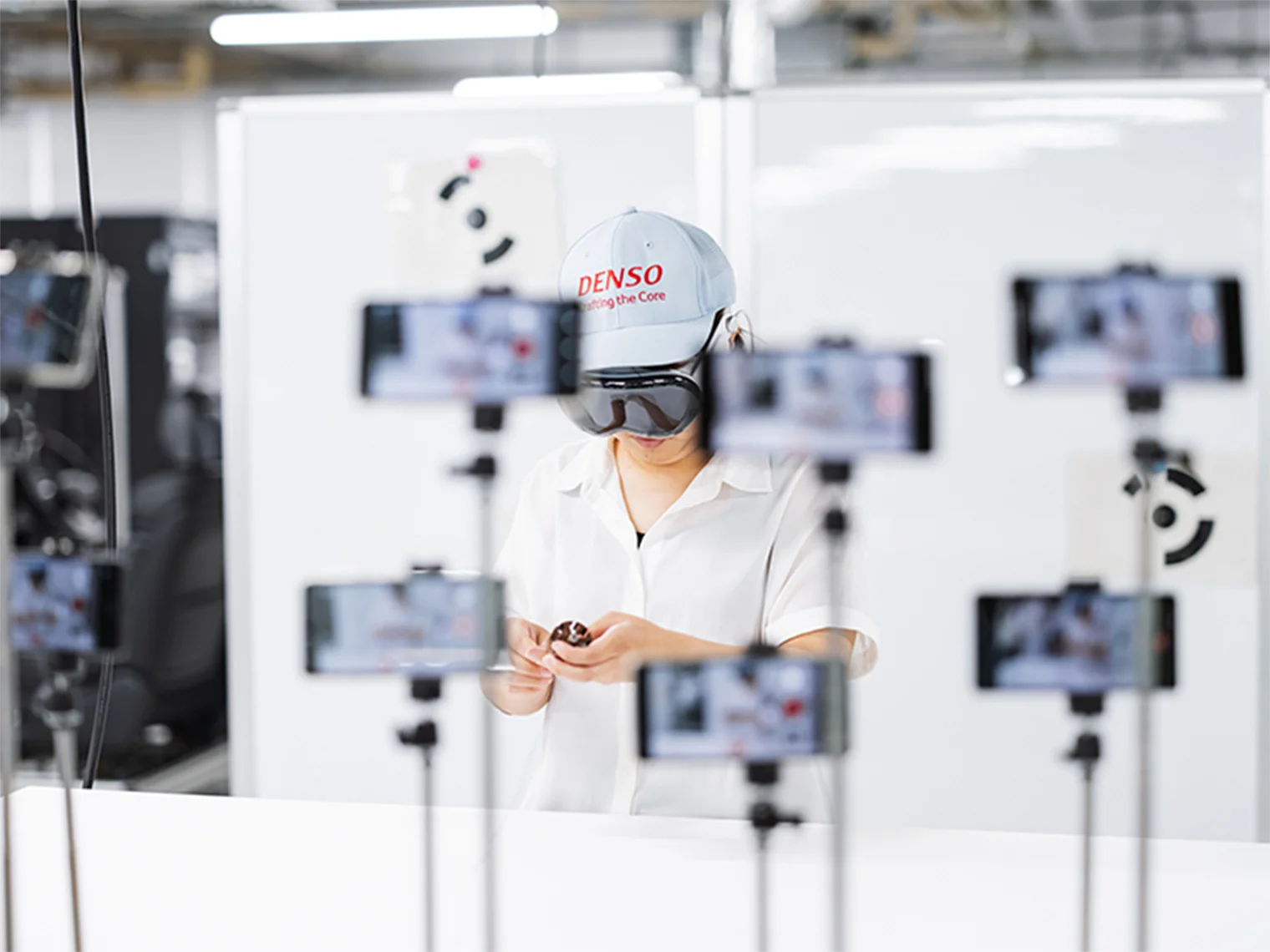 複数のスマートフォンで多視点撮影しながら、VRヘッドセット越しに部品を扱う様子