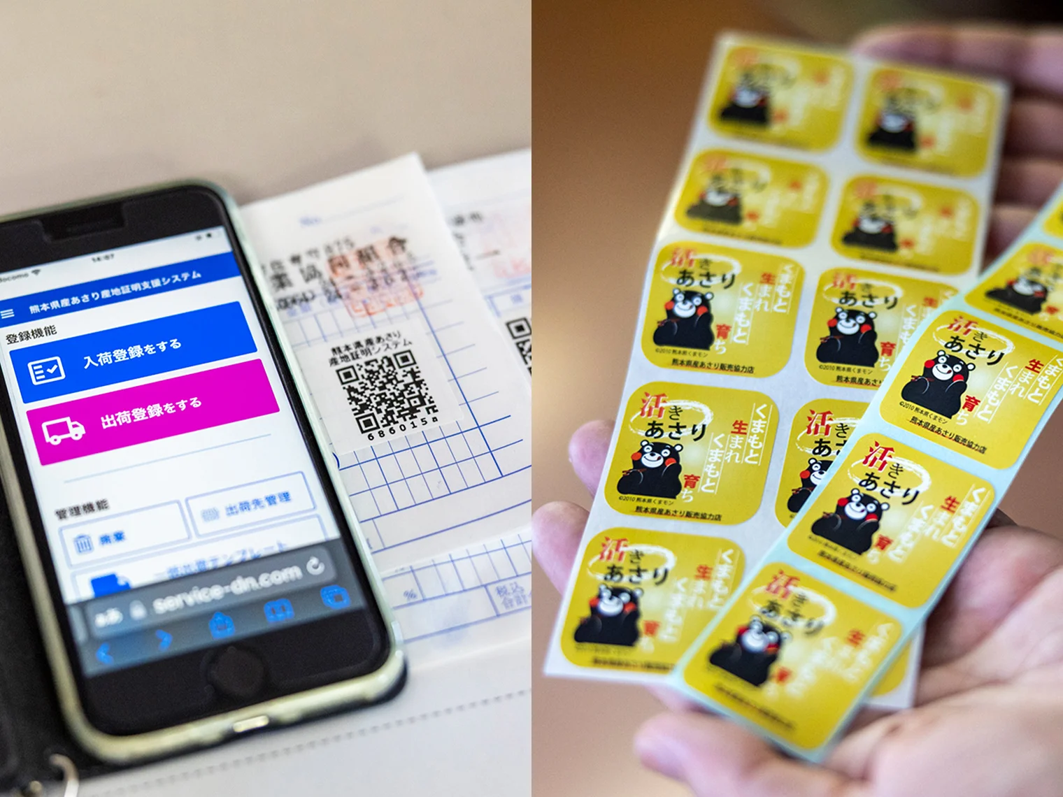 トレーサビリティシステムと熊本県産あさり販売協力店のシール