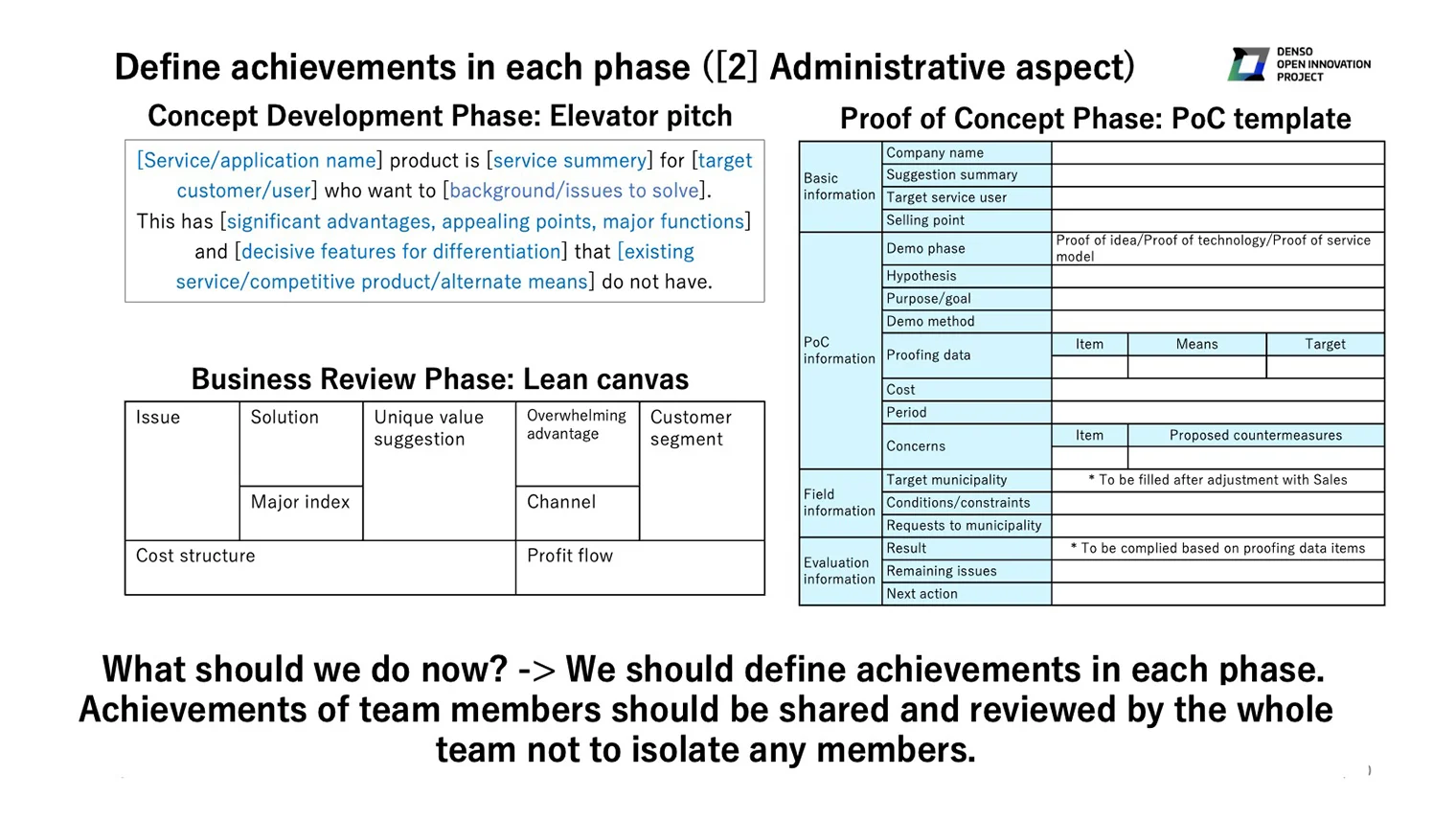 Define achievements in each phase ([2] Administrative aspect) What should we do now? → We should define achievements in each phase.Achievements of team members should be shared and reviewed by the whole team not to isolate any members.