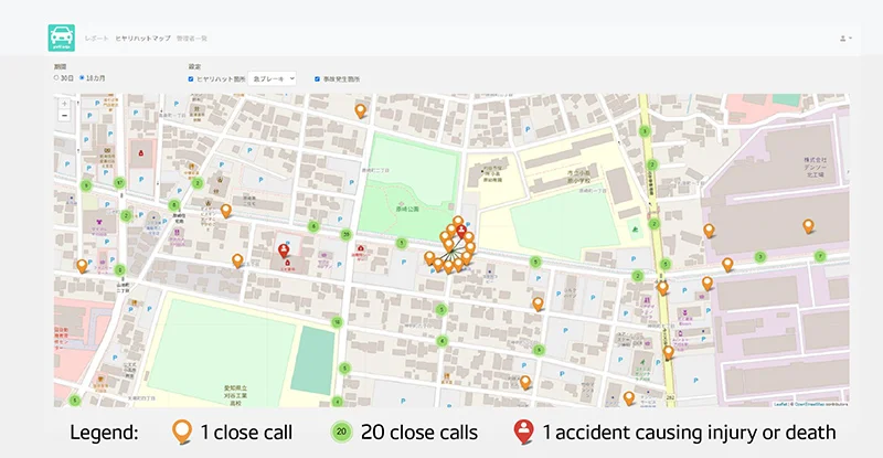 The web screen for administrators of yuriCargo users. Spots where drivers had close calls are plotted on the map.