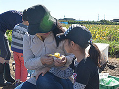 写真は、お母さんが女の子に焼き芋の皮を剥いて食べさせてあげている様子