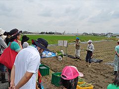 写真は、参加者が並んでイラストを見ながら芋の植え方の説明を事務局より受けている様子