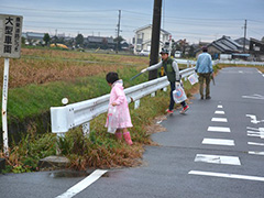 写真は、ピンク色のカッパと長靴をはいた女の子が、道路からガードレール越しに排水路を除いてゴミを探している様子