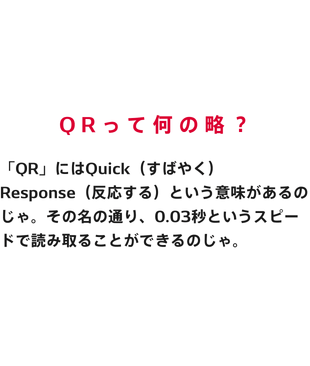 QRって何の略? 「QR」にはQuick（すばやく）Response（反応する）という意味があるのじゃ。