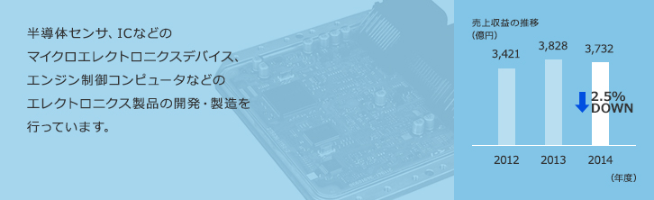 半導体センサ、ICなどのマイクロエレクトロニクスデバイス、エンジン制御コンピュータなどのエレクトロニクス製品の開発・製造を行っています。