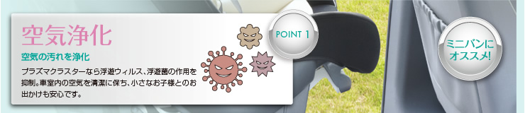 Point1: 空気浄化―空気の汚れを浄化　プラズマクラスターなら浮遊ウィルス、浮遊菌の作用を抑制。車室内の空気を清潔に保ち、小さなお子様とのお出かけも安心です。