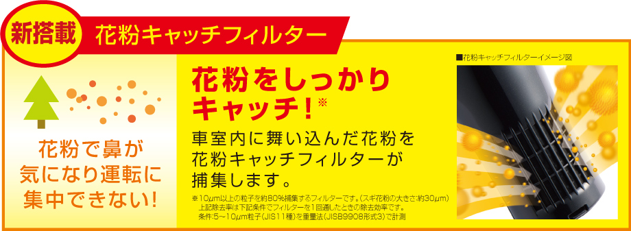 花粉で鼻が気になり運転に集中できない！→[新搭載]花粉キャッチフィルター:花粉をしっかりキャッチ！車室内に舞い込んだ花粉を花粉キャッチフィルターが補集します。