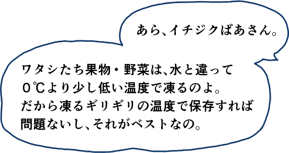 あら、イチジクばあさん。ワタシたち果物・野菜は、水と違って0℃より少し低い温度で凍るのよ。だから凍るギリギリの温度で保存すれば問題ないし、それがベストなの。