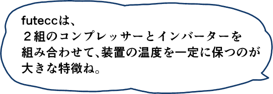 futeccは、2組のコンプレッサーとインバーターを組み合わせて、装置の温度を一定に保つのが大きな特徴ね。