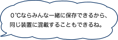 0℃ならみんな一緒に保存できるから、同じ装置に混載することもできるね。