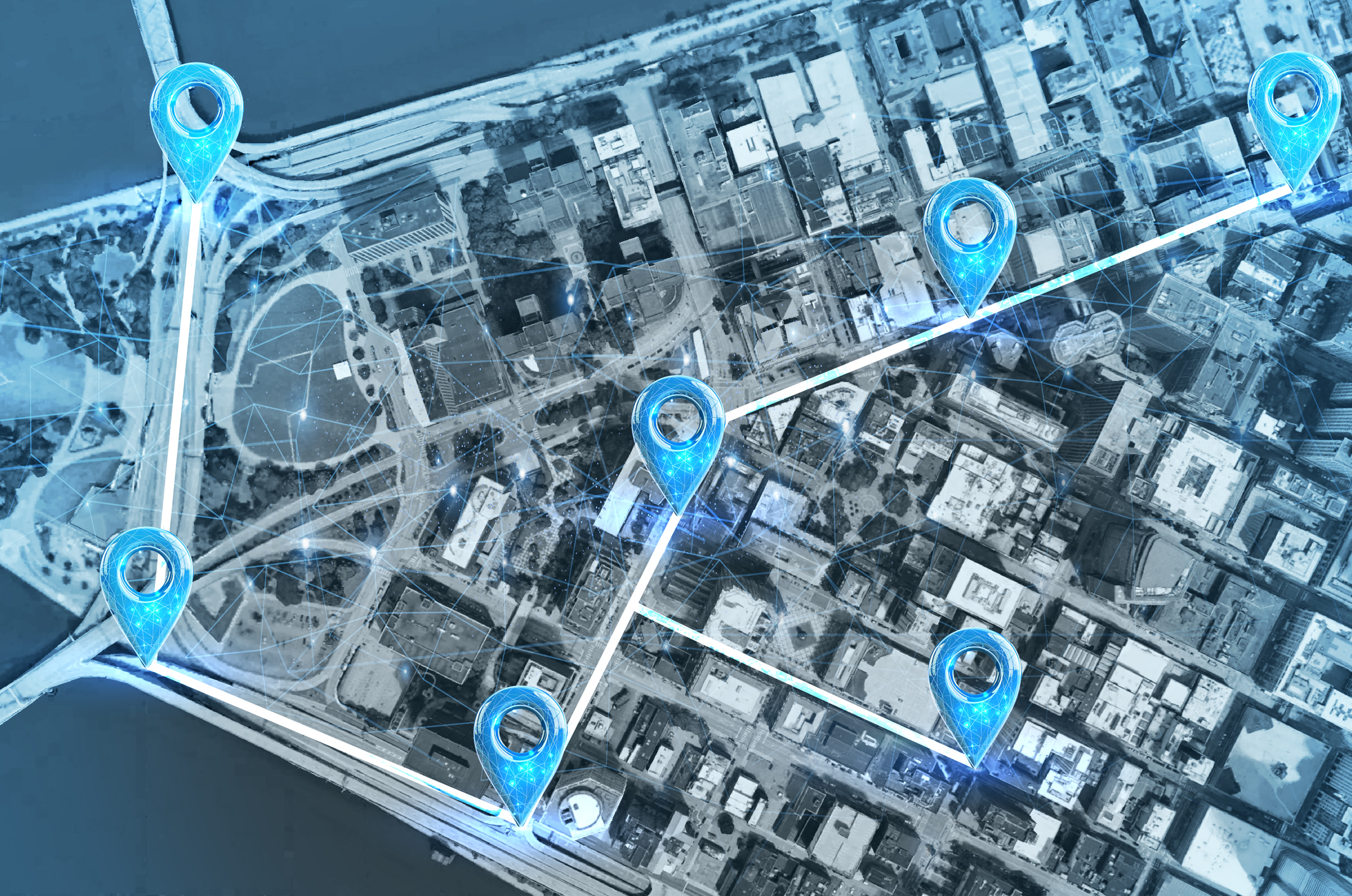 Top down map of city with location markers