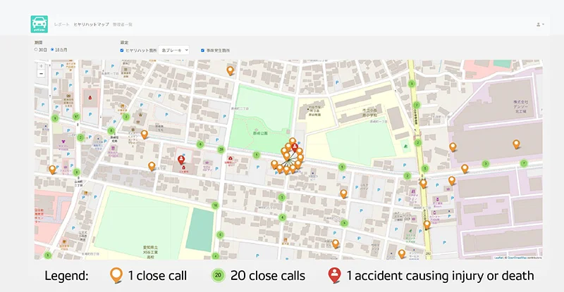 The web screen for administrators of yuriCargo users. Spots where drivers had close calls are plotted on the map.